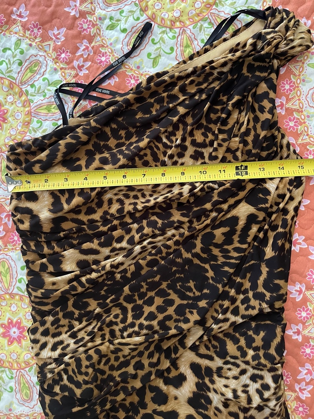 Tadashi Shoji One Shoulder Leopard Print Ruched Black Brown Midi Dress Sz Small - Picture 7 of 8